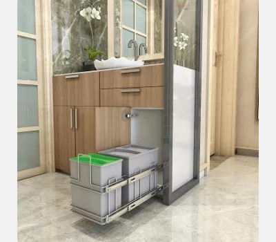 Hettich Cargo Pull-Out Dustbin Holder with 25 L dustbins, 1 Grey & 1 Green Lid- for cabinet width 300 mm